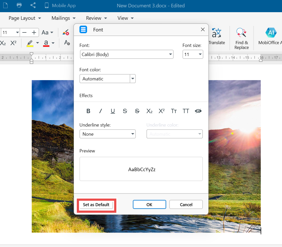 Set a default font in mobidocs mobisystems