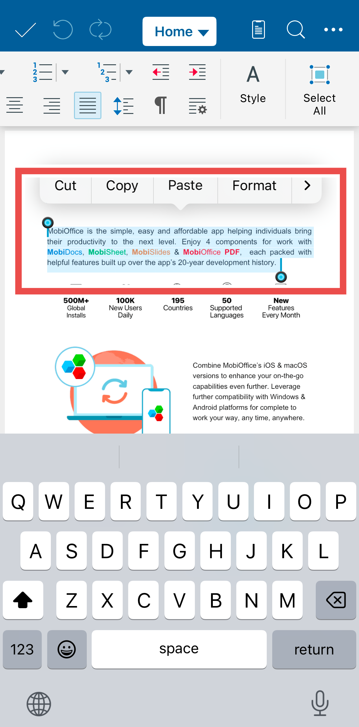 Sélectionner un texte dans Docs MobiSystems