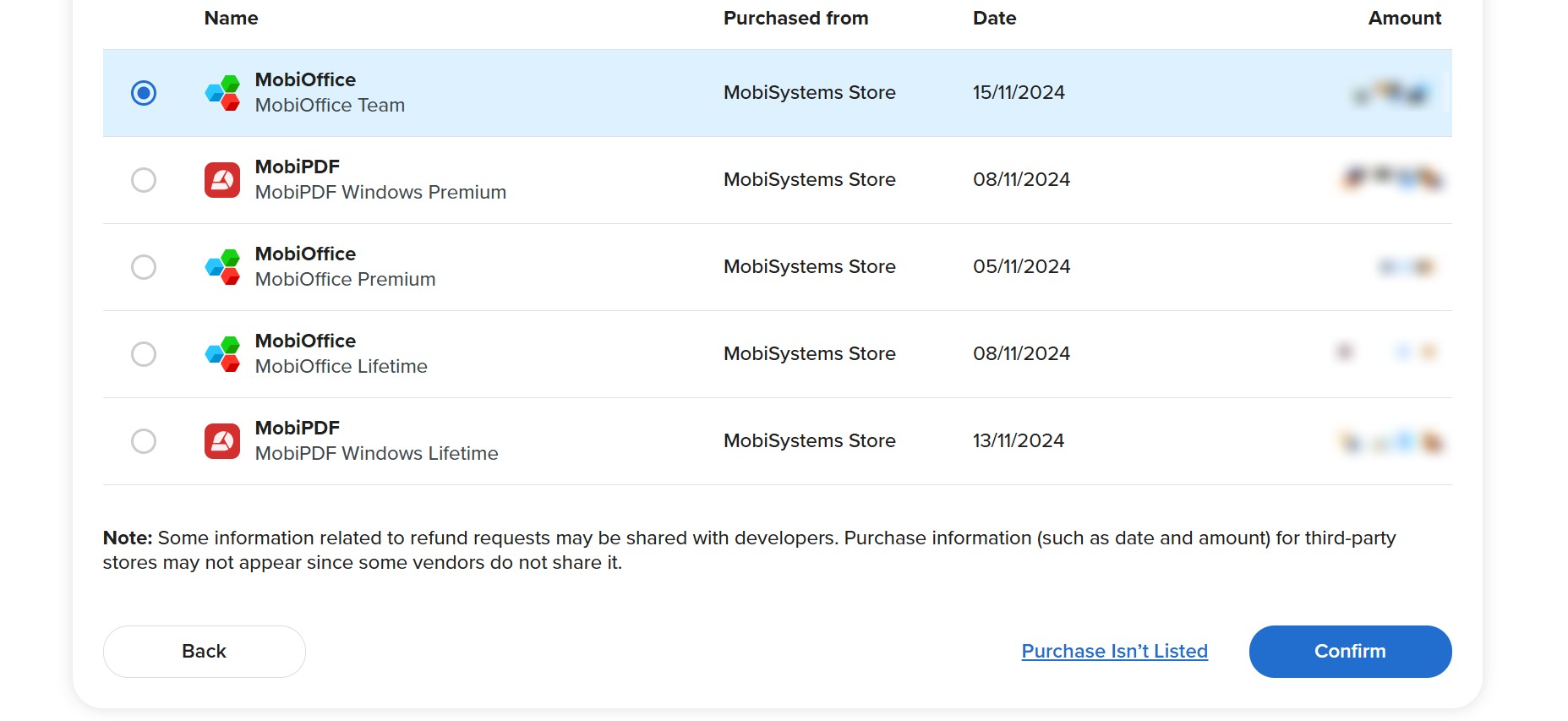 MobiSystems ストアを通じて購入した MobiSystems サブスクリプ